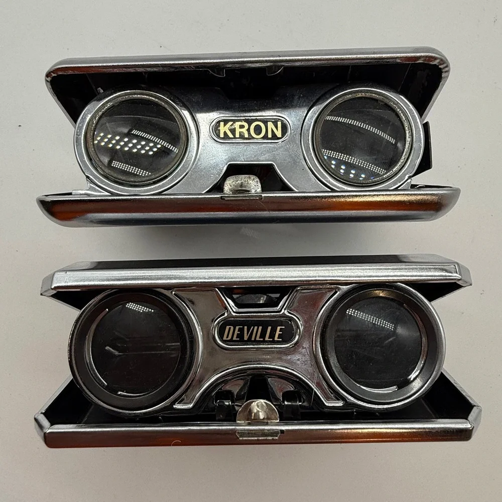 Vintage Kron and Deville Folding Opera Glasses Set Blue and Black Chrome Binocs